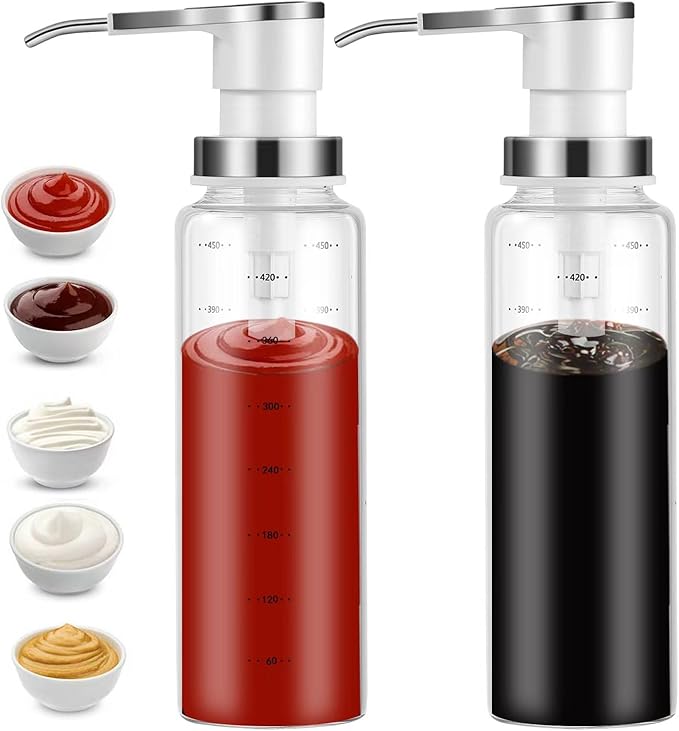 Sauce Pump Dispensers, Coffee Syrup Dispenser, 17 oz Glass Bottle with Stainless Steel Pumps, Leak-Proof, Food Grade Pumps for Honey, Syrups, Oil, Condiments, Salad Dressings (2X Units)