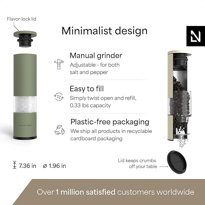 LARS NYSØM Salt and Pepper Grinder Set Manual, Stainless Steel Salt and Pepper Mills with Adjustable Ceramic Grinder I Design Spice Shakers (Green/Beige)