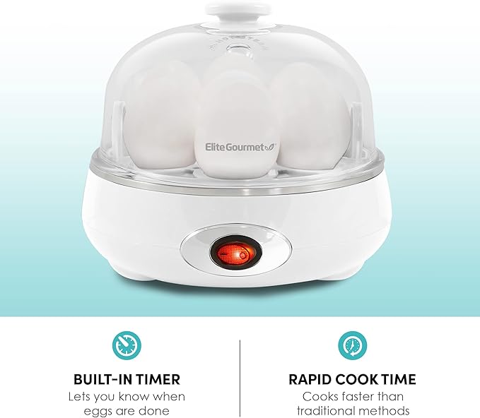 Elite Gourmet EGC322CW Easy Egg Cooker Electric 7-Egg Capacity, Soft, Medium, Hard-Boiled Egg Cooker with Auto Shut-Off, Measuring Cup Included, BPA Free, Classic White