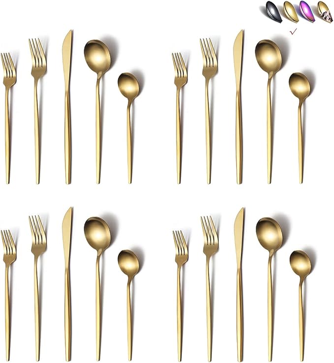 Matte Gold Silverware Set 40 Pieces, Stainless Steel Golden Flatware Set, Titanium Plating Cutlery Set, Matte Gold Utensil Sets, Service Set for 8 (Matte Golden)