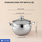 Daniks Classic 2 Quart Stainless Steel Stock Pot with Glass Lid, Tri-Ply Bottom for Even Heating, Induction Compatible, Dishwasher Safe