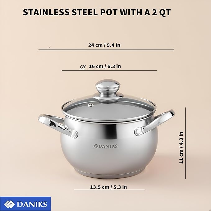 Daniks Classic 2 Quart Stainless Steel Stock Pot with Glass Lid, Tri-Ply Bottom for Even Heating, Induction Compatible, Dishwasher Safe