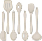 P&P CHEF Silicone Cooking Utensils Set of 7, Heat-proof Kitchen Utensils Set for Nonstick Cookware, Non-stick Spatula, Slotted Turner, Soup Ladle, Pasta Server, Spoon for Cooking Serving - Khaki