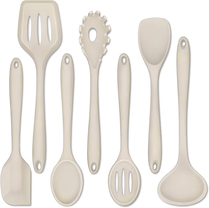 P&P CHEF Silicone Cooking Utensils Set of 7, Heat-proof Kitchen Utensils Set for Nonstick Cookware, Non-stick Spatula, Slotted Turner, Soup Ladle, Pasta Server, Spoon for Cooking Serving - Khaki