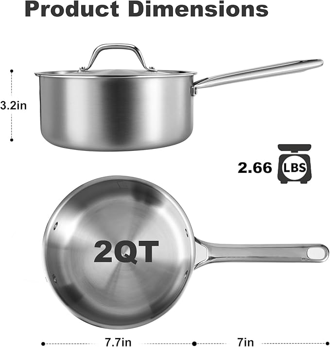 2 QT Saucepan with Lid,3-Ply Stainless Steel Saucepan,Professional Grade Cookware,Induction Compatible
