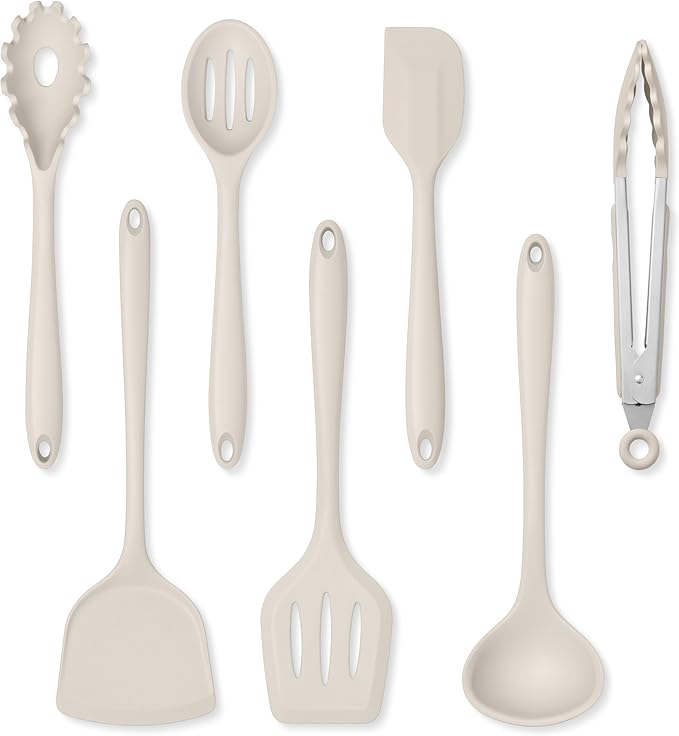 Herogo Silicone Cooking Utensils Set, 7-Piece Kitchen Utensils Set, Heat Resistant Cooking Gadget Tools Slotted Turner, Spoon, Soup Ladle, Pasta Server, Spatula, Tongs for Nonstick Cookware, Khaki