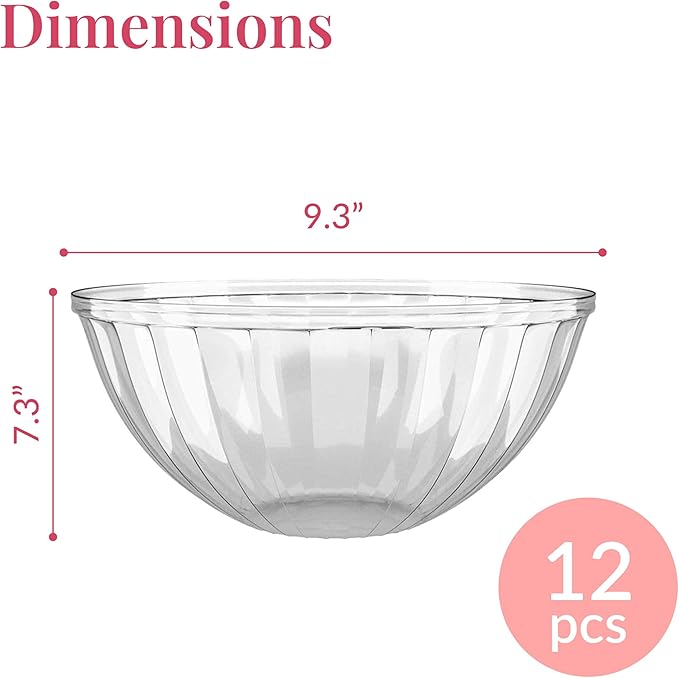 Prestee Clear Plastic Serving Bowls, 48 Oz. 12 Pack - Round Disposable Bowls, Punch, Party, Chip Bowl Containers - for Candy, Salads, Parties, & Serving Food - Large Salad Bowl Dish for Eating