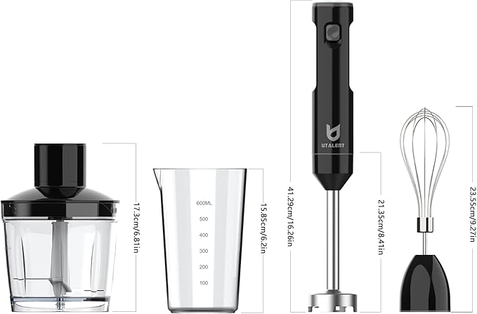 Cordless Hand Blender, UTALENT Variable Speed Immersion Blender Rechargeable, with 500ml Chopper, 600ml container, Egg Whisk, for Smoothies, Baby Food and Soups – Black