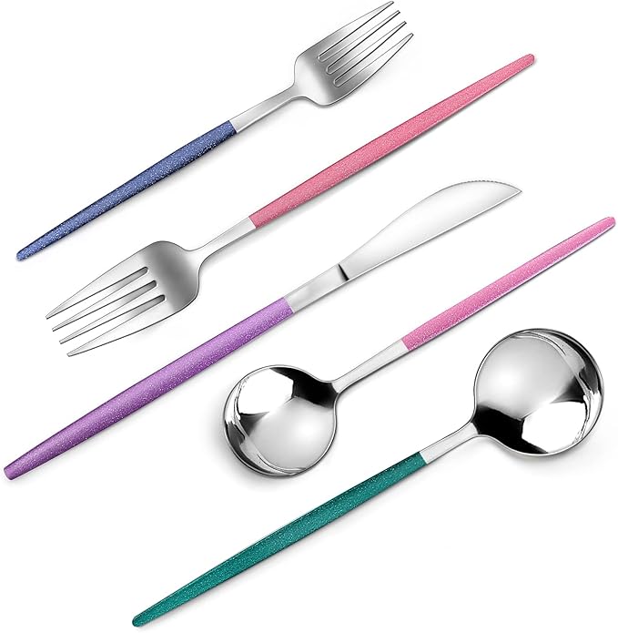 Mirror Silver multicolor Silverware Set, 20-Piece Stainless Steel Flatware Set, Satin Finish tableware Cutlery Set, Service for 4, Home and Restaurant, Dishwasher Safe