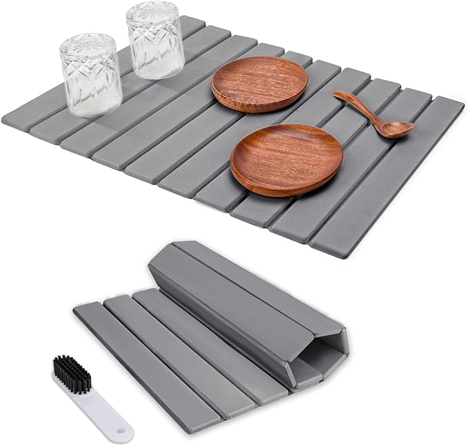 Foldable Stone Dish Drying Mat for Kitchen Counter,24"×16"Fast Dry Pad Absorbent Countertop Mat, Heat-resistant Mat,Diatomaceous Earth Mats,Gray