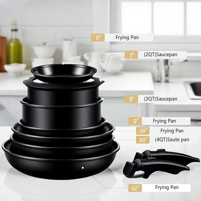 ROVSUN 23 PCS Non-Stick Cookware Set, Cast Aluminum Pots and Pans Set with Removable & Detachable Handles, Induction RV Kitchen Cook Set, Dishwasher Safe, PFAS PFOA & PFOS Free, for Home