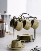 Espresso Cups Set with Saucer and Metal Stand, Porcelain Small Demitasse Cups Cappuccino Cups for Espresso, Latte, Cafe Mocha, Cappuccino, and Tea, 4 oz, Set of 6, Yellow