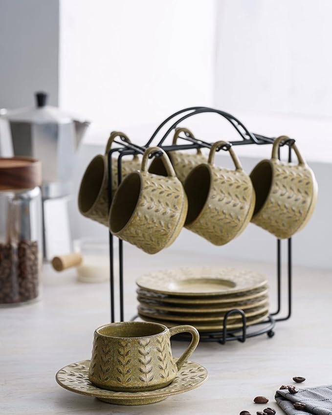 Espresso Cups Set with Saucer and Metal Stand, Porcelain Small Demitasse Cups Cappuccino Cups for Espresso, Latte, Cafe Mocha, Cappuccino, and Tea, 4 oz, Set of 6, Yellow