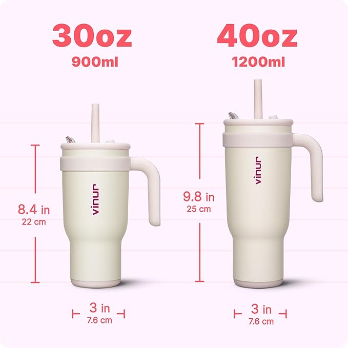 VINUR 40 oz Insulated Tumbler with Handle|Leak-Proof Lid|18/8 Stainless Steel Vacuum Coffee Mug Cup for Travel with Rubber Base | Cup Holder Friendly| Gifts for Women, Cream