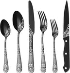 EUIRIO 24 Pieces Black Silverware Set with Steak Knives, Stainless Steel Flatware Set for 4, Black Cutlery Utensils Set, Include Spoons Forks Knives, Mirror Polished, Dishwasher Safe