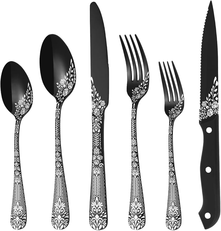 EUIRIO 24 Pieces Black Silverware Set with Steak Knives, Stainless Steel Flatware Set for 4, Black Cutlery Utensils Set, Include Spoons Forks Knives, Mirror Polished, Dishwasher Safe