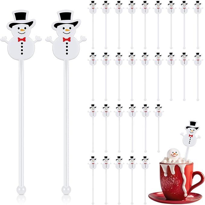 30 Pcs Christmas Drink Stirrers Xmas Stir Stick Holiday Coffee Swizzle Stick Reusable Plastic Hot Cocoa Bar Chocolate Decoration Cocktail Mixer(Snowman,Lovely Color)