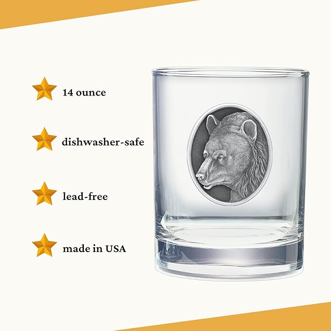 Heritage Pewter Black Bear Double Old Fashion | Double Rocks Glass 14 OZ for Liquor | Expertly Crafted Pewter Glass