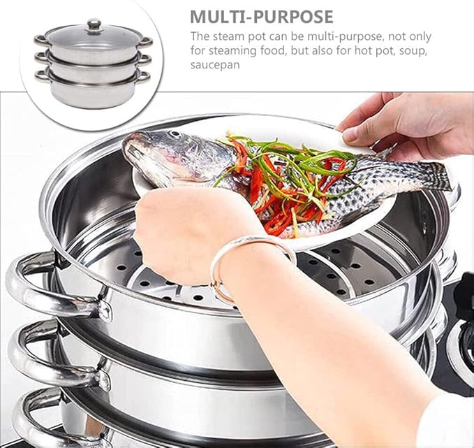 3 Tier Steamer Pot with Glass Lid - 30 cm Stainless Steel Steamer Pot Set Kitchen Cookware Tool Food Veg Cooker for Cooking Vegetables, Seafood, Soups, Stews and Pasta