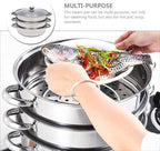 3 Tier Steamer Pot with Glass Lid - 30 cm Stainless Steel Steamer Pot Set Kitchen Cookware Tool Food Veg Cooker for Cooking Vegetables, Seafood, Soups, Stews and Pasta