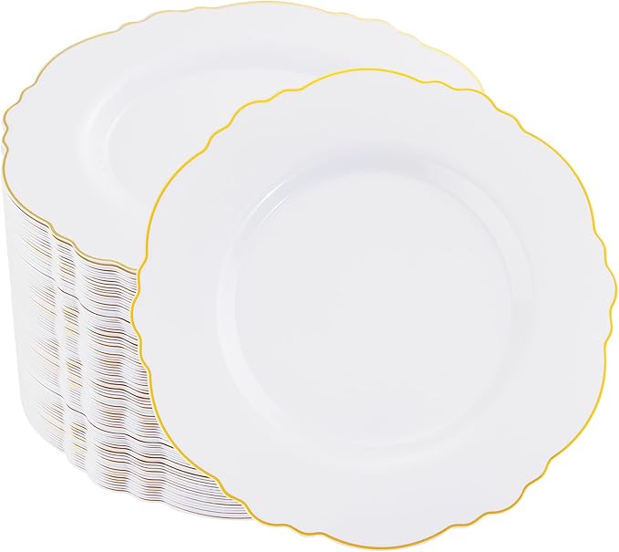WDF 60pcs Gold Dessert Plates-7.5inch Baroque White and Gold Small Plastic Plates/Disposable Dessert/Salad/Cake/Appetizer Plastic Plate for Upscale Thanksgiving Parties/Wedding/Birthday