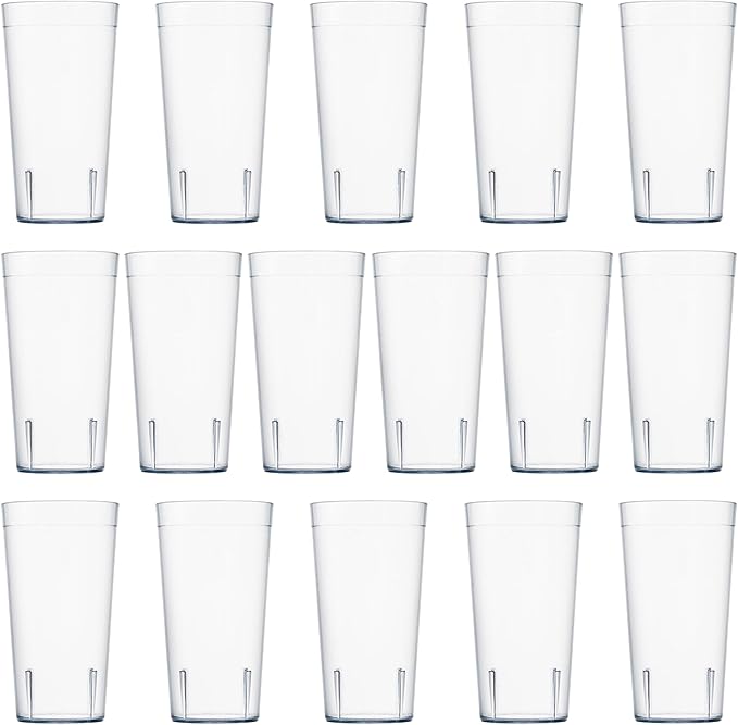 US Acrylic Cafe Plastic Reusable Tumblers (Set of 16) 20-ounce Water Cups in Clear | Value Set of Restaurant Style Drinking Glasses, Stackable, BPA-free, Made in the USA | Top-rack Dishwasher Safe