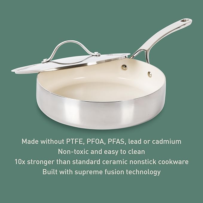 Bloomhouse - Two Time Oprah's Favorite Things Winner - 10 Inch Triply Stainless Steel Fry Pan W/Lid W/Non-Stick Non-Toxic Pro Ceramic Interior Frying Pan