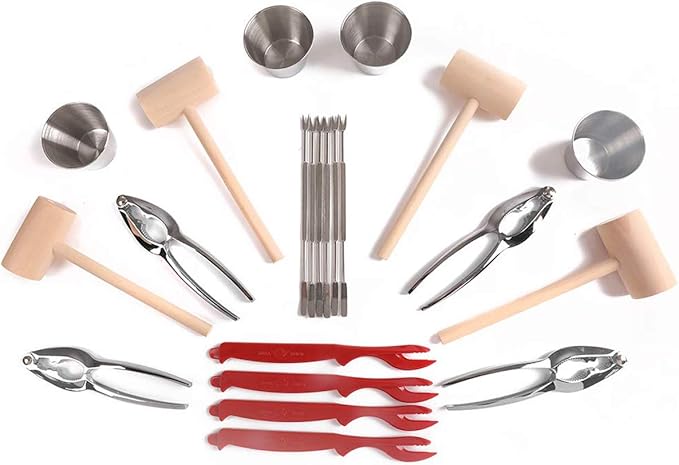 Artcome 22 Piece Seafood Tools Set for 4 People including 4 Lobster Crab Crackers 4 Lobster Shellers 6 Seafood Forks 4 Sauce Cups and 4 Lobster Crab Mallets