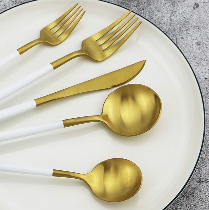 Gugrida 20-Piece 18/10 Stainless Steel Flatware Silverware, Luxury Dinnerware Set Travel Cutlery Tableware Include Knife Fork Spoon Service for 4, Dishwasher Safe (White Handle Matte Gold)