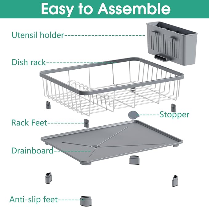 Dish Drying Rack - Space-Saving Dish Rack,Dish Racks for Kitchen Counter with Drainboard, Rustproof Dish Drainer with a Removable 4-Compartment Utensil Holder,Gray
