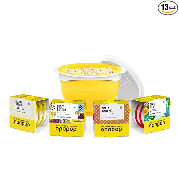 Opopop Microwave Popcorn - Variety 12-Pack Gourmet Popcorn Kit, Collapsible Silicone Popcorn Popper, Popcorn Maker, Gluten Free Snacks Variety Pack, BPA-Free and Dishwasher Safe (New Flavors)