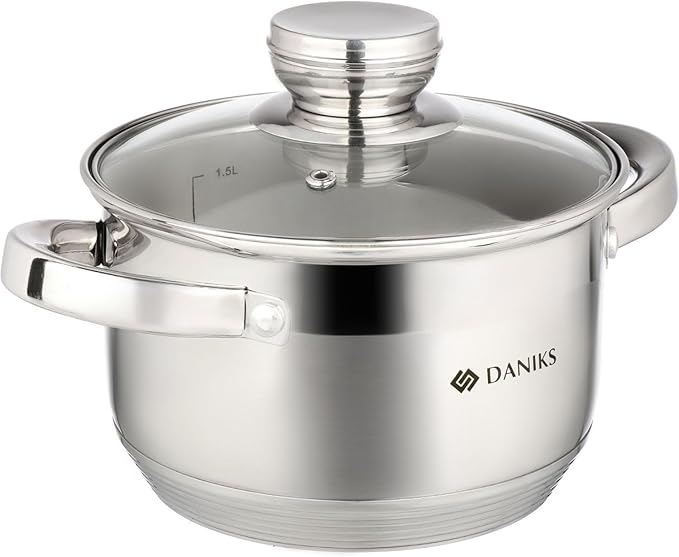 Daniks Standard Stainless Steel Stock Pot with Glass Lid – Induction 2 Quart, Dishwasher Safe, Measuring Scale, For Soup, Pasta, Stew, Silver