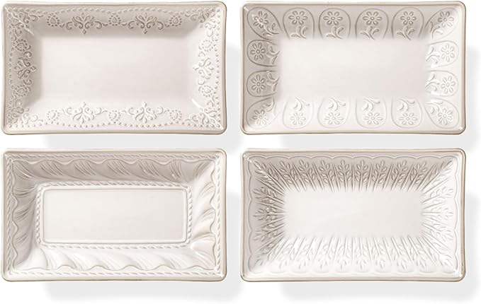 Artena Ceramic 8.25 Inch Rectangle Salad Plates Set of 4 - Deep Plates for Appetizer, Dessert, Dinner, Sushi, Snack, Pasta, Serving - Microwave Safe with Embossed Rim Design (Multiple Patterns)