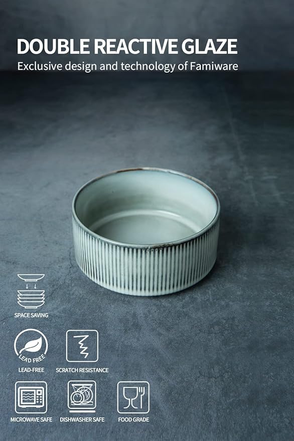 famiware Star Cereal Bowl Set, Soup Bowls Set of 6, Double Reactive Glaze, Stackable, 23 oz Deep Bowls Suitable for Cereal, Popcorn, Oatmeal, Dessert - Dishwasher and Microwave Safe, Smoky Blue