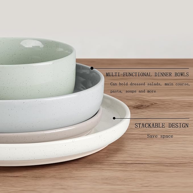 HaWare 16-Piece Plates and Bowls Set for 4, Stoneware Dinnerware Sets with Pasta Bowl, Dishes Set for Home Restaurant, Speckled Multicolor