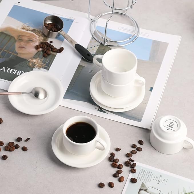 Sweejar Porcelain Espresso Cups with Saucers, 2.5 Ounce Stackable Cappuccino Cups with Metal Stand for Coffee Drinks, Latte, Tea - Set of 4 (White)