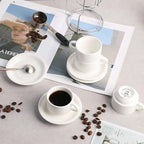 Sweejar Porcelain Espresso Cups with Saucers, 2.5 Ounce Stackable Cappuccino Cups with Metal Stand for Coffee Drinks, Latte, Tea - Set of 4 (White)