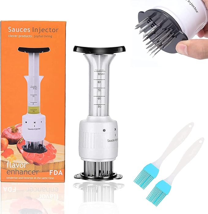 Stainless Steel Sharp Needle Blades Meat Injector 2 in 1 Needle Meat Tenderizer, 304 Stainless Steel(3 injection needle pinhole), Sauces Injector Marinade Flavor Syringe Kitchen Accessories