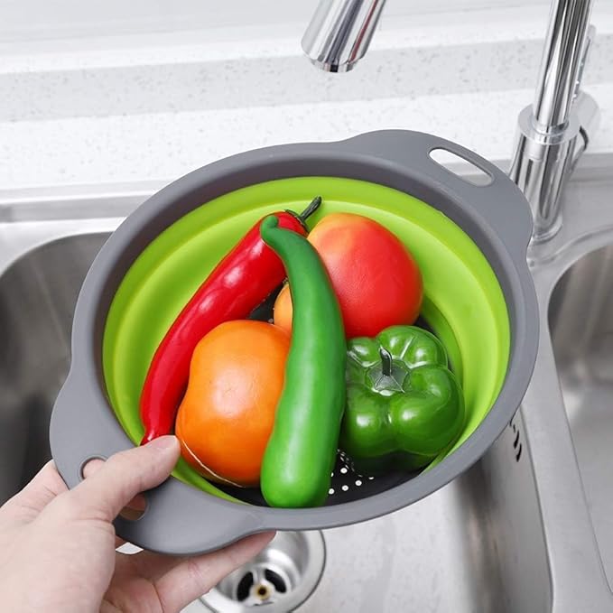 Collapsible Colander Set of 3 Round Silicone Kitchen Strainer Set 1 pcs 7 Quart, 1 pcs 4 Quart,1 pcs 2 Quart Perfect for Draining Pasta, Vegetable and fruit for Kitchen and Travel Use (Round)