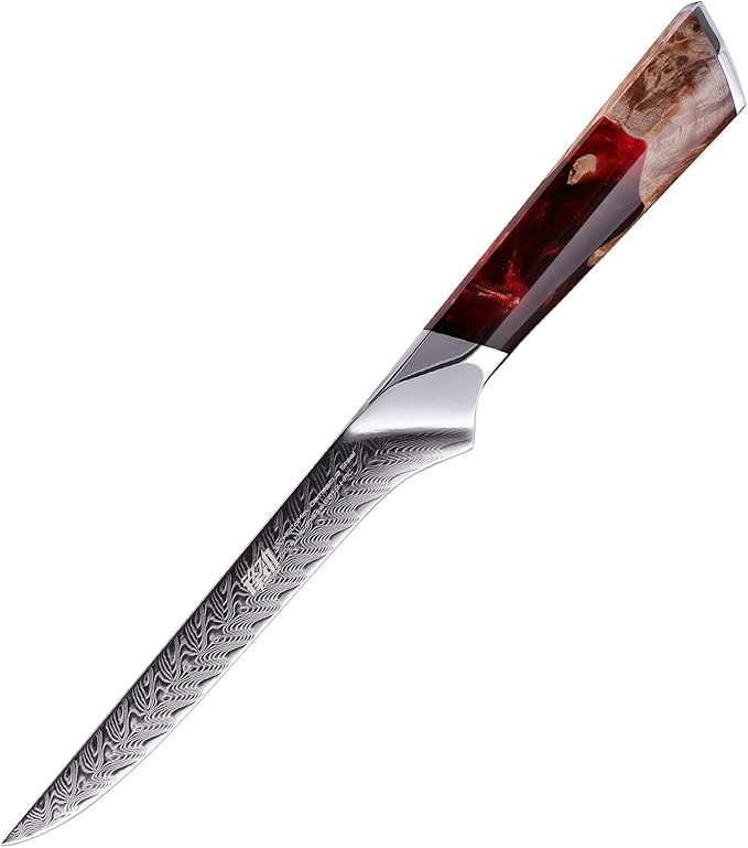 FINDKING Nebula Series Boning Knife, Versatile Deboning Knife, 10Cr15CoMov Damascus Steel Blade, Resin and Figured Sycamore Handle, Full Tang, 5.5 Inch, Red, for Skinning, Removing Fat, Filleting