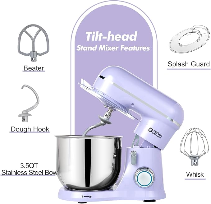 Kitchen in the Box Stand Mixer, 3.5 QT Small Kitchen Electric Stand Mixers, 10-Speed Portable Lightweight Dough Mixer for Daily Use with Egg Whisk, Dough Hook, Beater (Lavender Purple)
