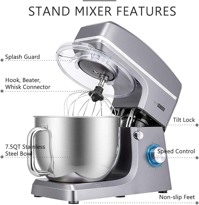 VIVOHOME 7.5 Quart Stand Mixer, 660W 6-Speed Tilt-Head Kitchen Electric Food Mixer with Beater, Dough Hook, Wire Whip, and Egg Separator, Iron Gray