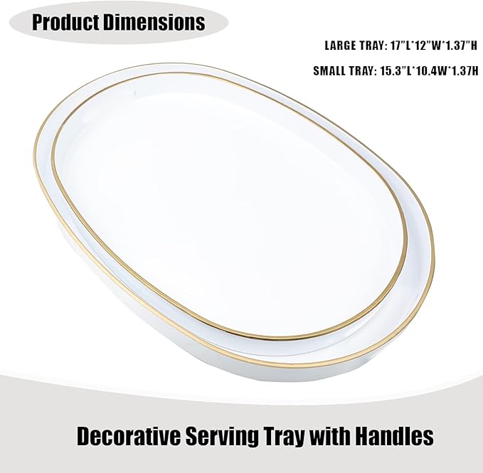 White Oval Decorative Tray with Handles, Set of 2 Versatile Nesting Trays for Patio Table, Ottoman, Ideal for Serving, Displaying, Organizing