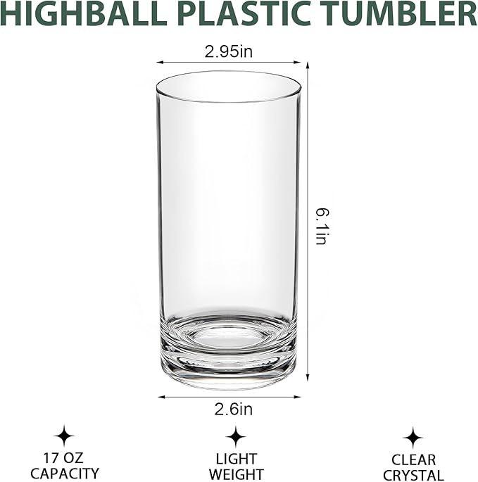 17 Oz Plastic Tumblers Set of 12, Clear Plastic Drinking Glasses, Plastic Cups Reusable, Highball Glasses Drinking Set for Kitchen Poolside Patio,Dishwasher-Safe, Shatterproof, BPA-Free