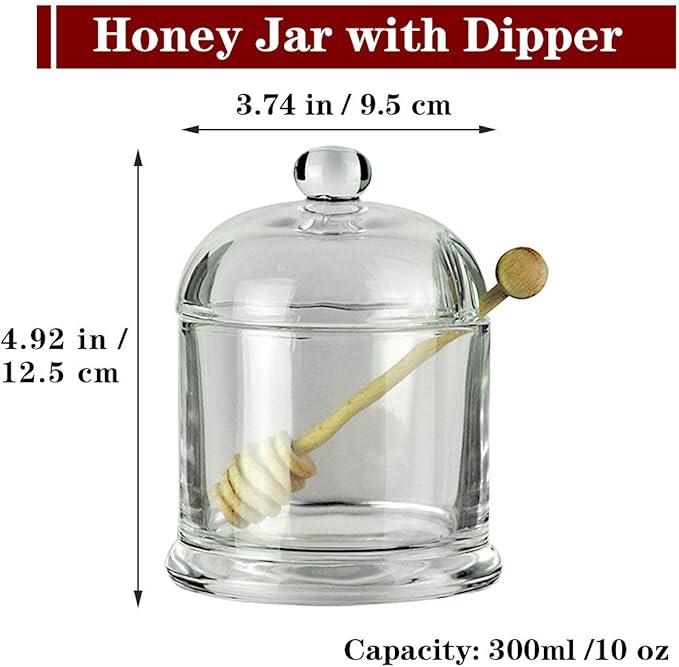 Glass Honey Jar with Wooden Dipper and Glass Lid,Honey Pot Dispenser for Store Honey and Syru,10 Ounces