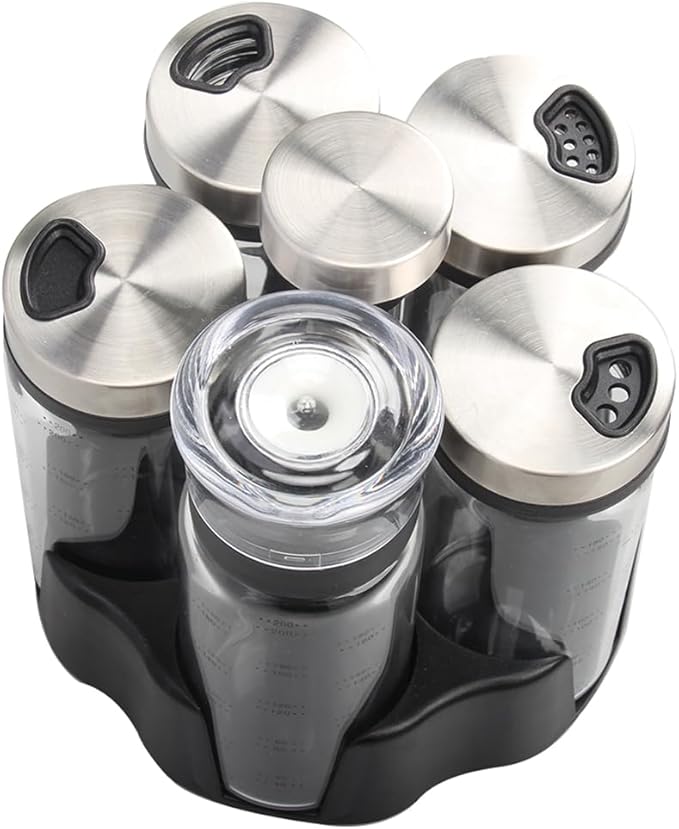 TINMIX Revolving Spice Rack Organizer, Rotating Seasoning Holder Shelf for Kitchen Countertop Cabinet, 4 Large 200ml Glass Jars + 1 Oil Dispenser Bottle