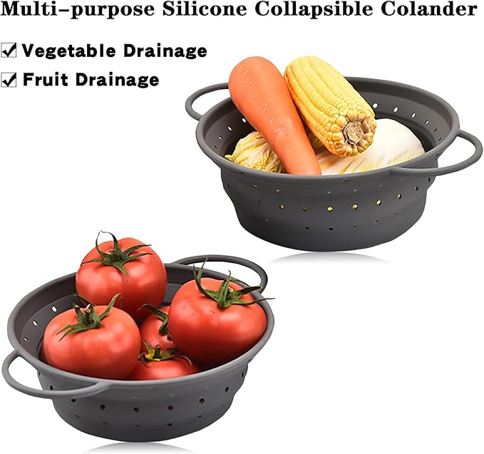 Silicone Collapsible Colander with Handle, Kitchen Colander for Easy Storage,Four-side Fast Draining Silicone Draining Basket, Perfect for Fruits Vegetables (Gray L+M)