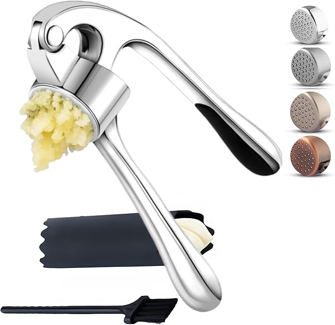 Premium Garlic Press Set - Easy to Squeeze Ergonomic Handle Garlic Crusher - Rust Proof & Dishwasher Safe Garlic Mincer Tool, Garlic Press Stainless Steel, Garlic Peeler & Brush (Chrome Silver)