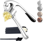 Premium Garlic Press Set - Easy to Squeeze Ergonomic Handle Garlic Crusher - Rust Proof & Dishwasher Safe Garlic Mincer Tool, Garlic Press Stainless Steel, Garlic Peeler & Brush (Chrome Silver)