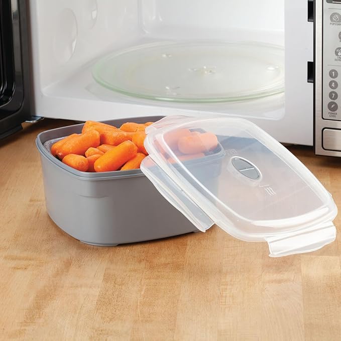 Microwave Steamer Set - Plastic Square Grey Steamer - 2.47L - Dishwasher Safe